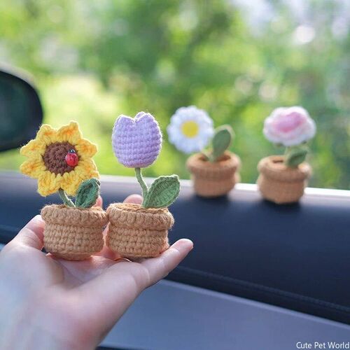 Mini Crochet Flower Potted Tulip Sunflower  Plum Blossom Art