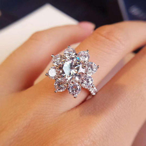 Real Moissanite  Sun Flower Ring 2 Carat Diamond Lotus Ring