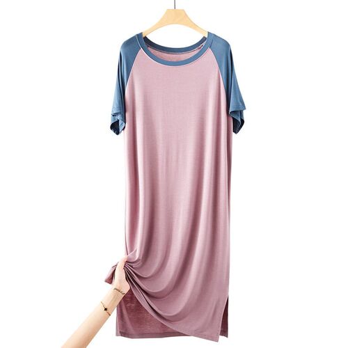 Modal color-matching short sleeve long dress, summer new L a