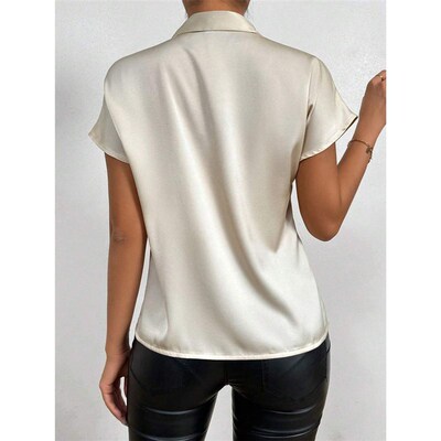 Womens Satin Shirt 2025 Short-sleeved Bow Top