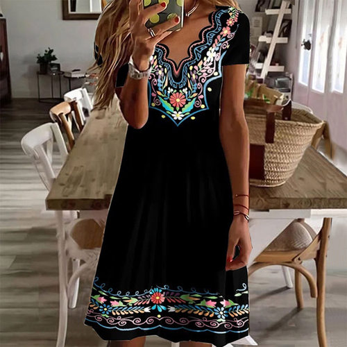 New Elegant Summer Womens Floral Theme Printed Wave V-neck