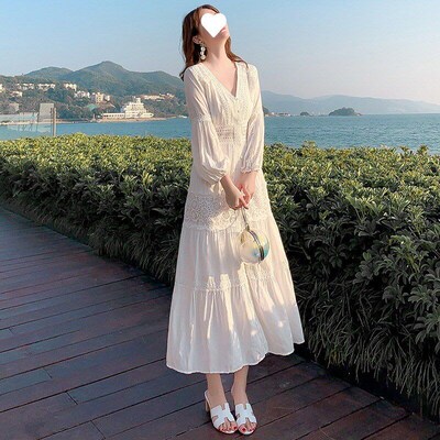 Beach Dress 2025 VNeck High Waist Long White Lace Hollow Dre