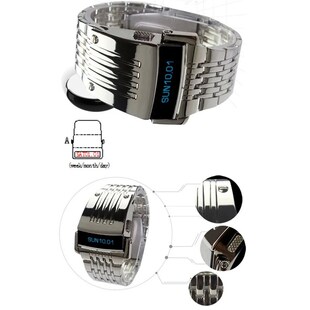 Fashion Electronic Watch Blue LED Display Wide Stainless Ste