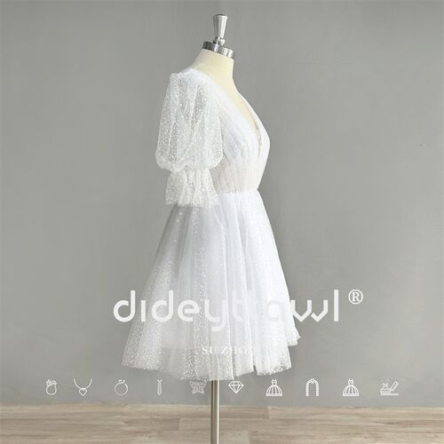 DIDEYTTAWL Real Photo Puff Sleeves Sparkly Tulle Mini Short