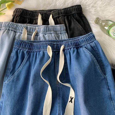 Jeans Mens Straight Loose Drawstring Cropped Mens Pan Summ