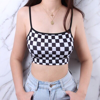 Black Red Plaid Checkerboard Tank Top Halter Women Bare Midr