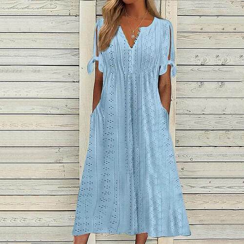 Women Summer Dress Solid Color Hollow Out Short Sleeves V