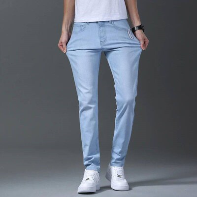 Men Business Casual Straight Narrow Leg Jeans Light Blue