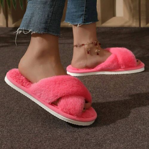 Fashion Cross Strap Fur Slippers Women Indoor Light Warm