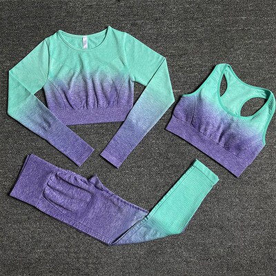 2PC Ombre Women Yoga Set Seamless Leggings Long Sleeve Crop