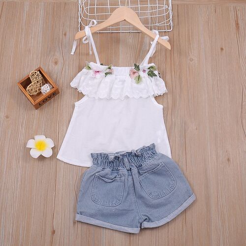 Summer Thin Suit Flower Decoration Sling Top+Denim Shorts 2P