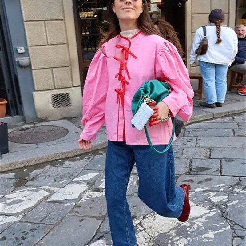 2024 Spring O Neck Contrast Bow Lace Up Shirts For Women Loo