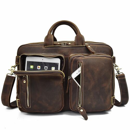 Mens Crazy horse leather briefcase with double PC pocket G