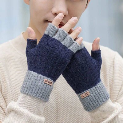 Men Winter Fingerless Half Finger Knitted Gloves Office Knit