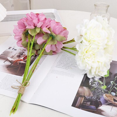 5pcs Pink Silk Rose Artificial Flowers Peony Bridal Bouquet