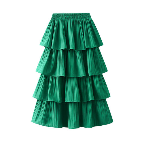 Summer Wooden Ear Stitching Pleated Big Swing Skirt Womens