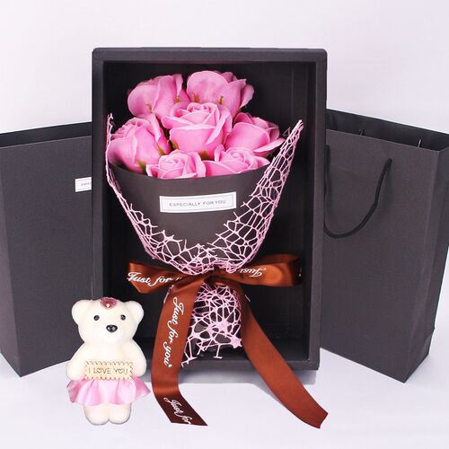 Simulated Flower 7 Roses Soap Bouquet Gift Box Bear Flower C