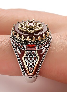 Retro Luxury Natural Green Stone Turkish Handmade Crown Ring