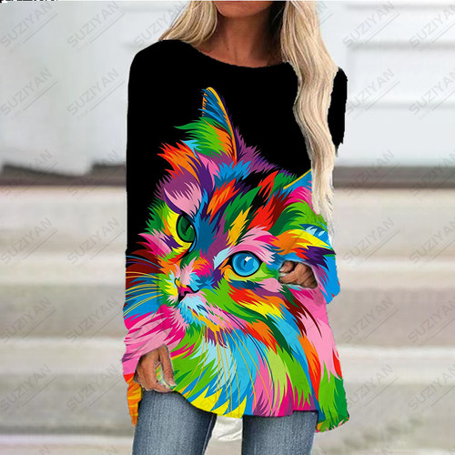 Spring and Summer Womens Plus Size D Printed Long Sleeve