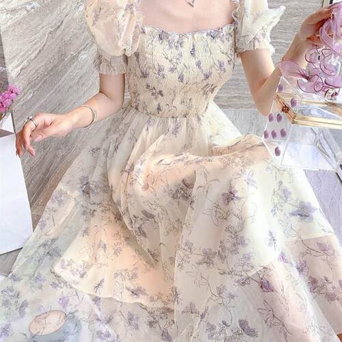 Zoki Elegant Floral Chiffon Party Dress Women Fashion Puff