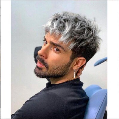 Wig Mens Silver Gray Gradient Color Messy Short Curly Hair