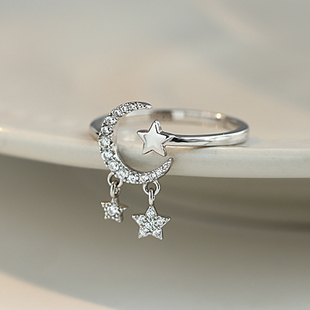 2022 New Korean Zircon Star Moon Tassel Rings For Women Silv