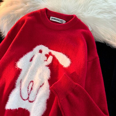 Winter Vintage Rabbit Flocking Sweater Loose Round Neck Long