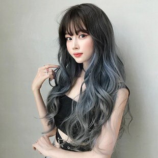 BlueGray Wig Head Wavy Fash Full Gradient Women Long for