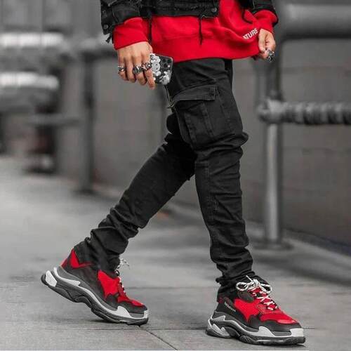 Men Sreet Elastic Denim Jeans Wash Solid Color Multi Pockets