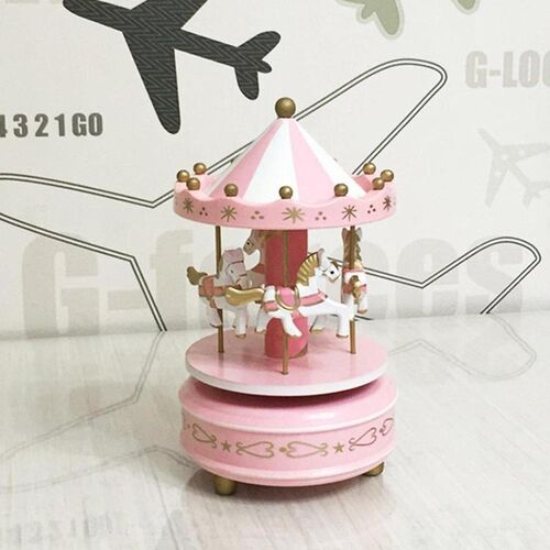 3 Colors Wind Up Wooden Horse Roundabout Carousel Musical Bo