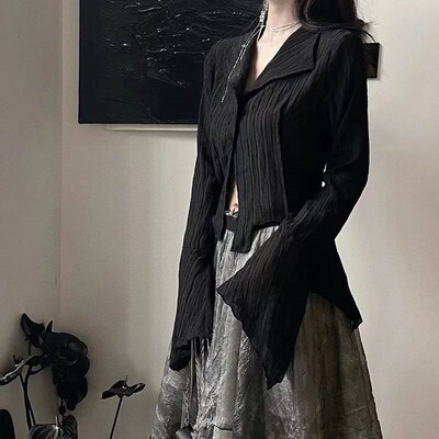 Gothic Women Black Shirts Korean Dark Academic Female Design