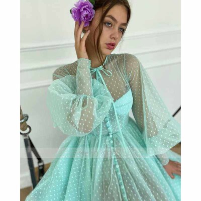 High Neck Long Sleeve Mint Green Tea Length Buttons Prom Dre