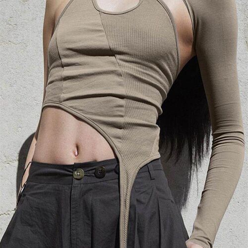 ArtSu 2023 Autumn Women Solid Slip Halter One Shoulder Asymm