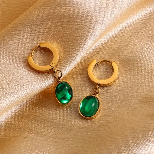 AENSOA Stainless Steel Plated Green Stone Oval Geometric Hoo