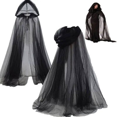 Black Bridal Shawl Witch Vampire Copl Cloak Halloween Double