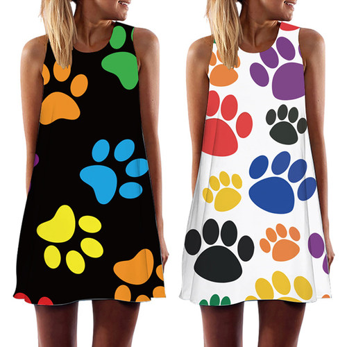 Summer Women Cute Cat Footprint Mini Dress Casual O-Neck