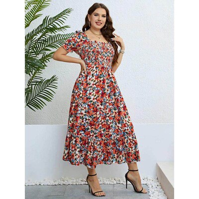 Plus Size Women Clothing Puff Sleeve Floral Maxi Dress Squar