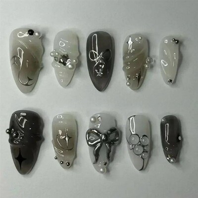 24Pcs False Nails Spicy Girl Silver Bow with Diamond Fake Na