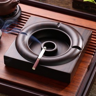 中式黑檀实木烟灰缸带盖大号创意个性潮流家用客厅防飞灰定制复古