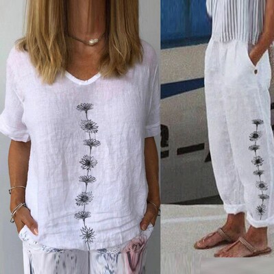 Summer Outfits for Women Cotton Linen Suit 2023 Casual Print