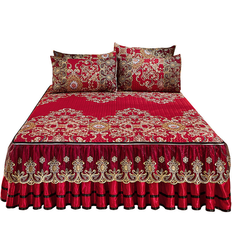 夏季床裙式床罩冰丝凉席三件婚庆大红蕾丝花边空调软席1.8m床,床上用品,床裙,淘宝优惠券,粉丝福利购,淘宝优惠卷