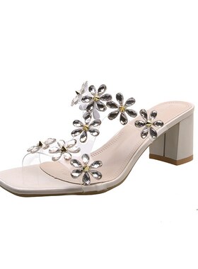 Fashion Diamond Sandals Women Mid Heel Chunky Heel Fashion D