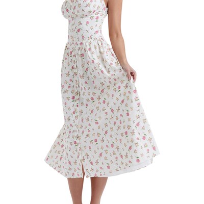 Womens Summer Midi Dress, Sleeveless Floral Print Button