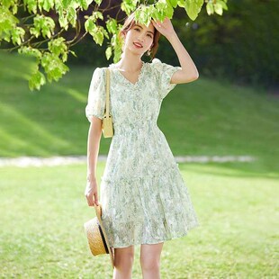 embroidered puff sleeve Amoi neck ladies chiffon commuting