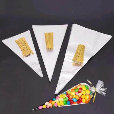 50pcs/lot Clear Cone Candy Storage Bags Cones Transprant Pla