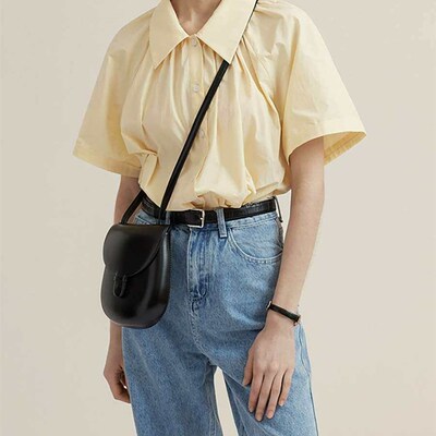 Milk yellow long-staple cotton linen mid-sleeve shirt women