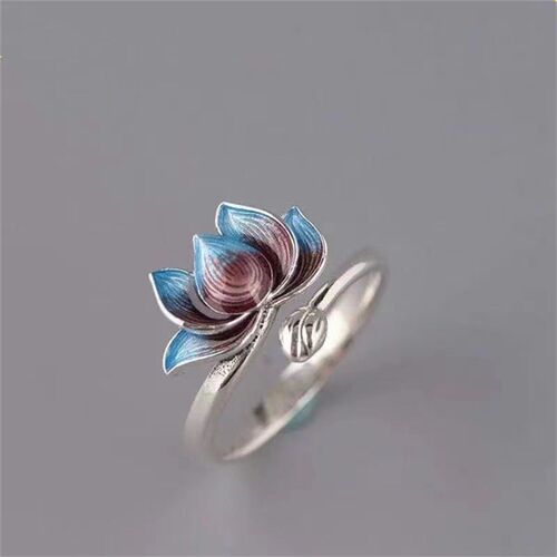 Vintage Silver Plated Blue Lotus Flower Rings For Men Women