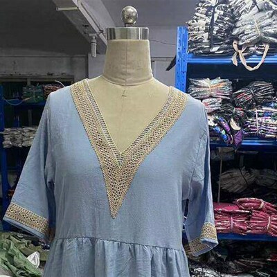 Elegant Hallow Out V Neck Short Sleeve A Line Cotton Blue Wh