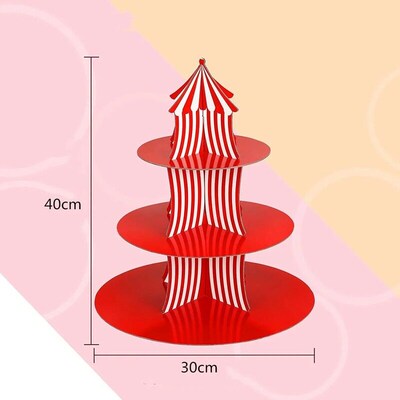 1Set 3 Tier Circus Carnival Paper Cupcake Stand Red Striped