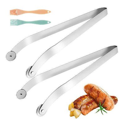 2Pcs Stainless Steel BBQ Sausage Turning Tong with Oil